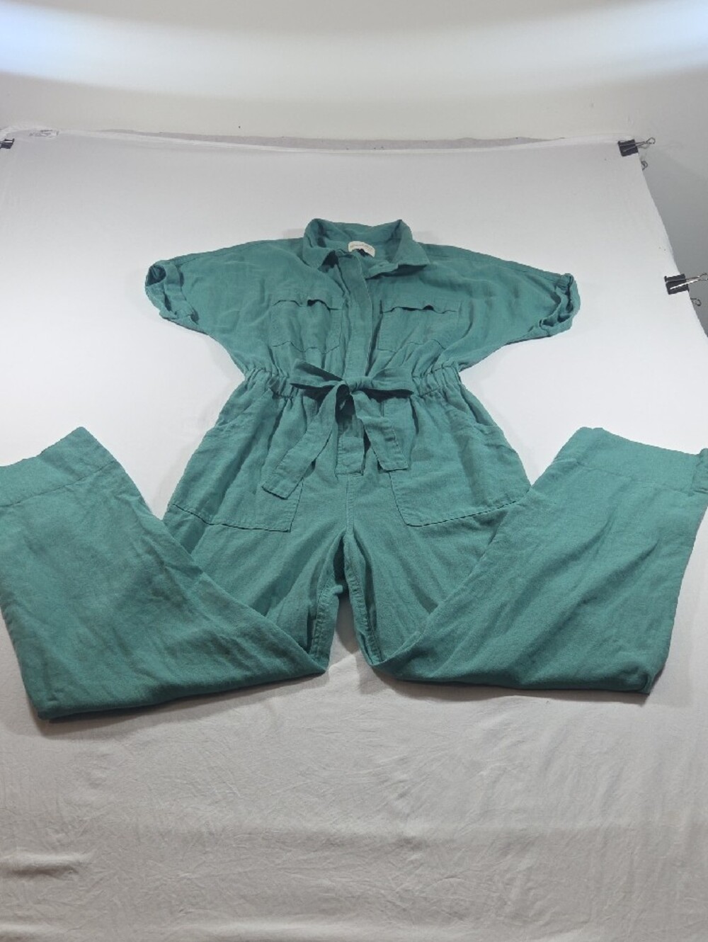 Universal Thread Casual Teal Utility Jumpsuit Tie Waist Short Sleeve Casual - Picture 2 of 10
